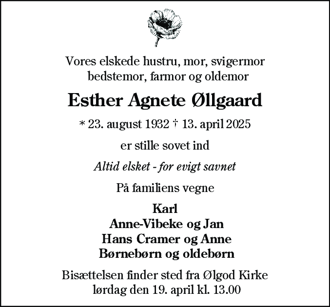 Dødsannonce for Esther Agnete Øllgaard