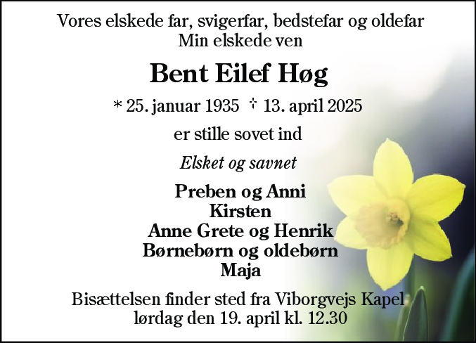 Dødsannonce for Bent Eilef Høg