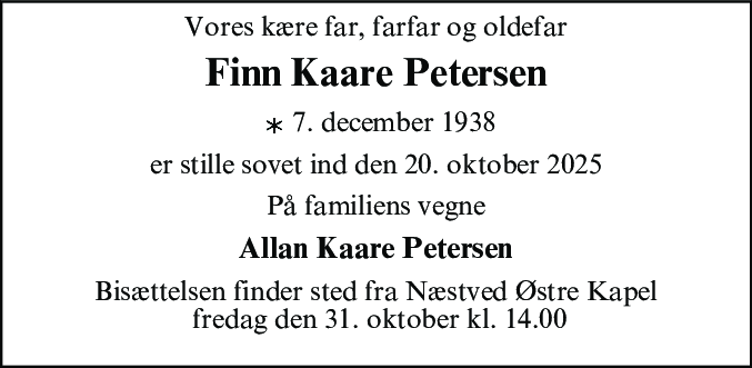 Dødsannonce for Finn Kaare Petersen