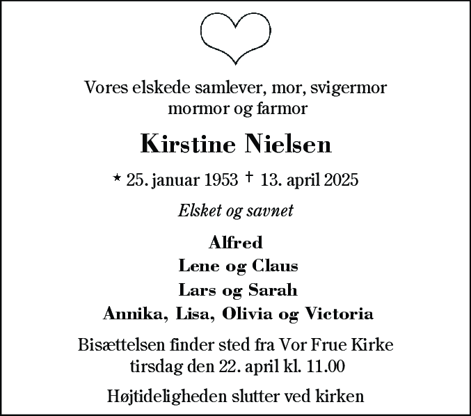 Dødsannonce for Kirstine Nielsen