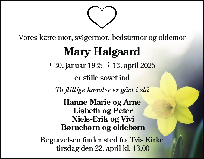 Dødsannonce for Mary Halgaard