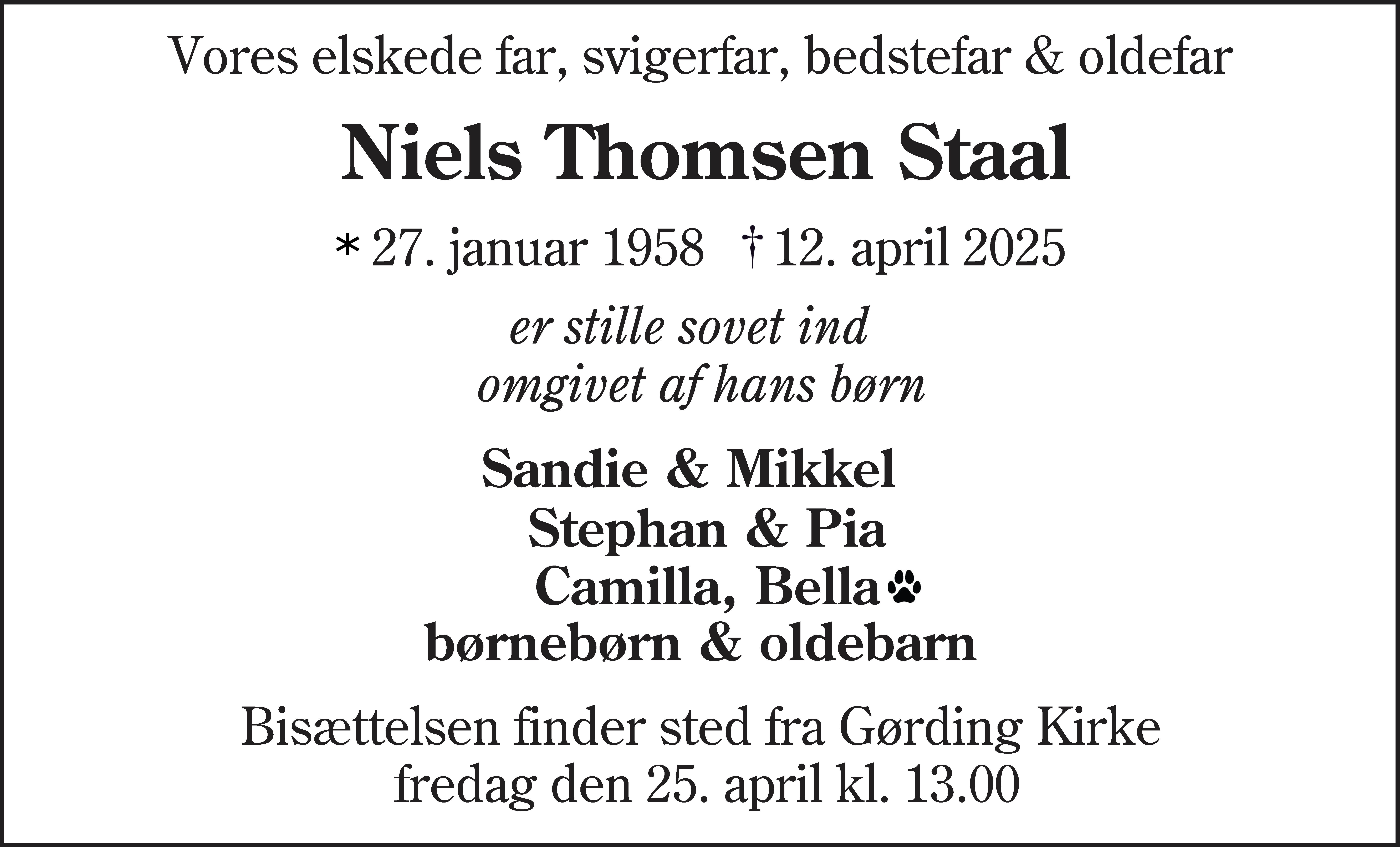 Dødsannonce for Niels Thomsen Staal