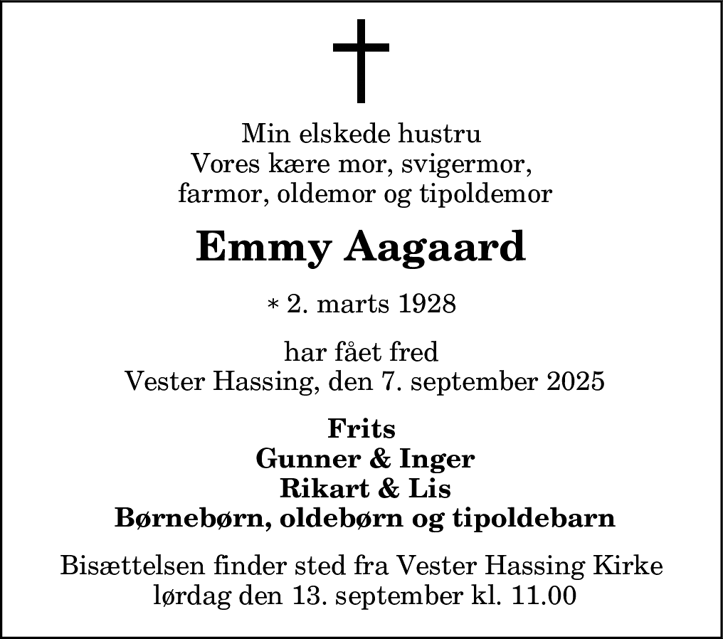 Dødsannonce for Emmy Aagaard