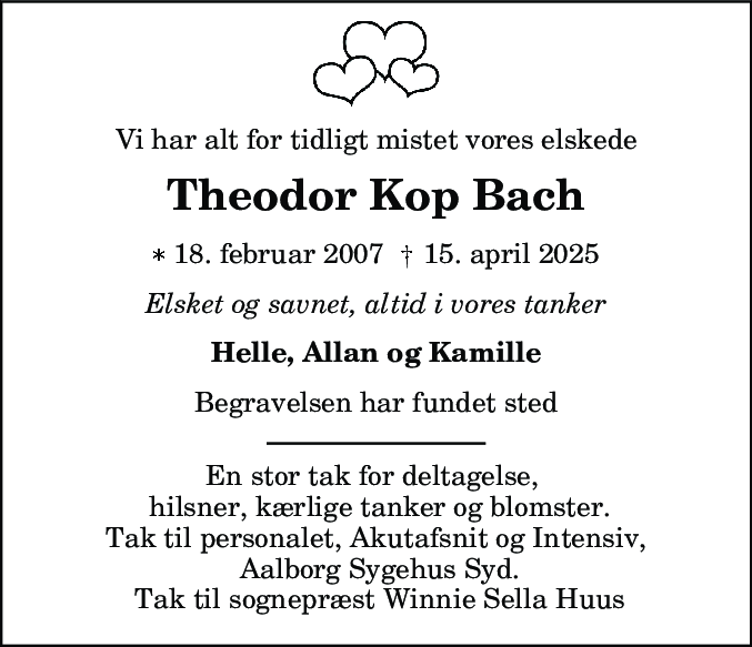 Dødsannonce for Theodor Kop Bach