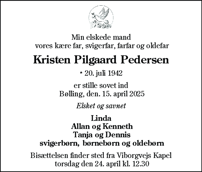 Dødsannonce for Kristen Pilgaard Pedersen