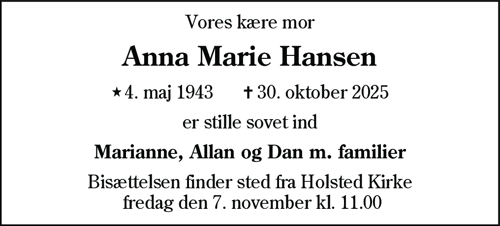 Dødsannonce for Anna Marie Hansen