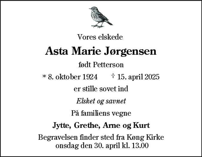 Dødsannonce for Asta Marie Jørgensen