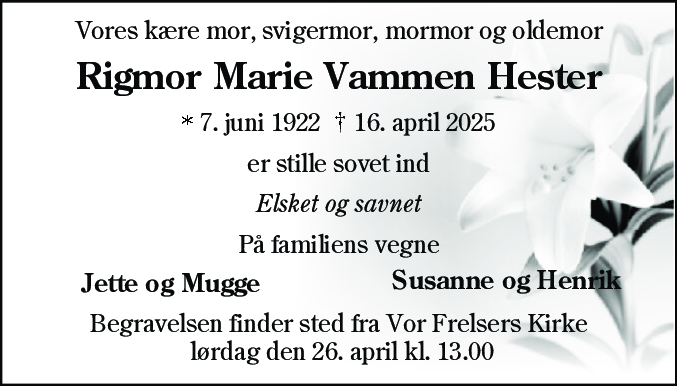 Dødsannonce for Rigmor Marie Vammen Hester