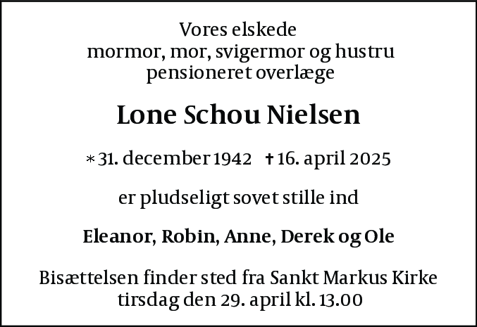 Dødsannonce for Lone Schou Nielsen