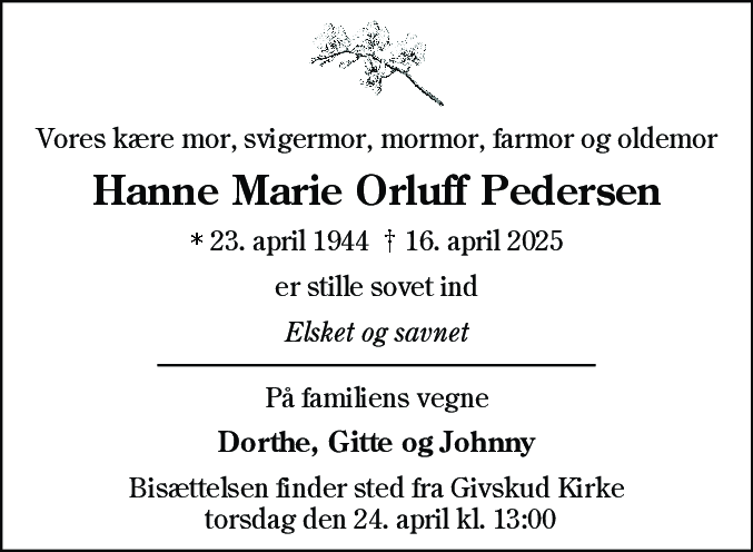 Dødsannonce for Hanne Marie Orluff Pedersen