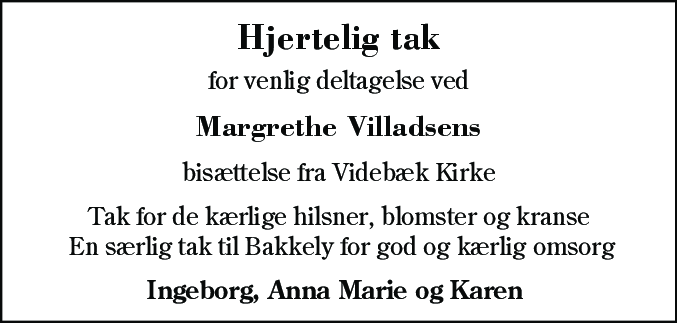 Dødsannonce for Margrethe Villadsen