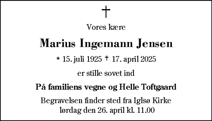 Dødsannonce for Marius Ingemann Jensen