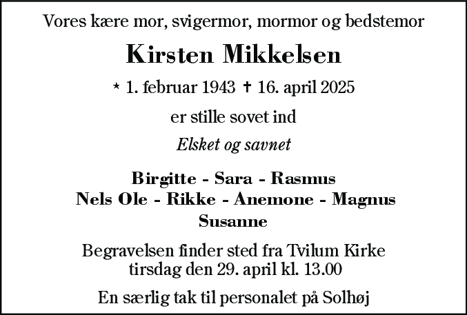 Dødsannonce for Kirsten Mikkelsen