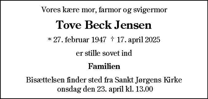 Dødsannonce for Tove Beck Jensen