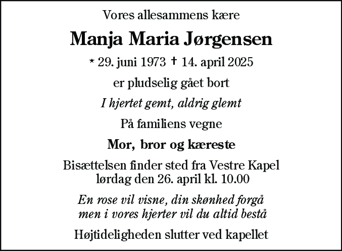 Dødsannonce for Manja Maria Jørgensen