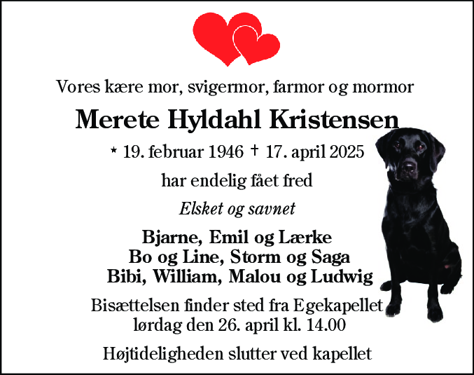Dødsannonce for Merete Hyldahl Kristensen