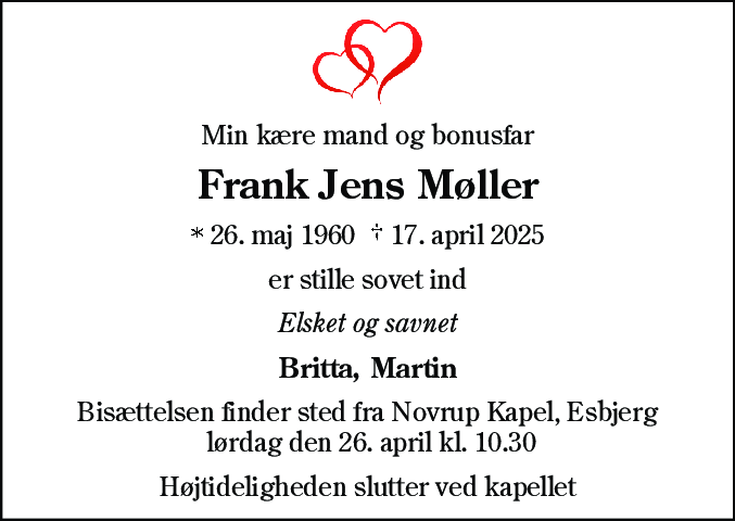 Dødsannonce for Frank Jens Møller