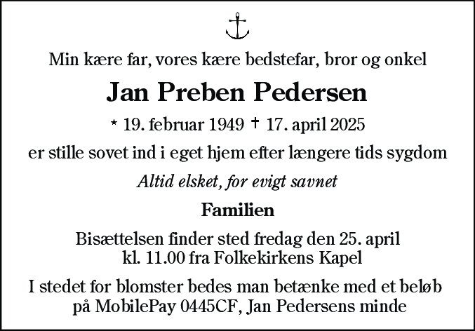 Dødsannonce for Jan Preben Pedersen
