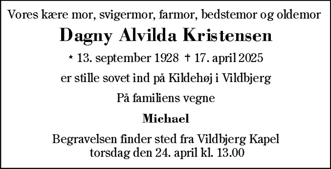 Dødsannonce for Dagny Alvilda Kristensen