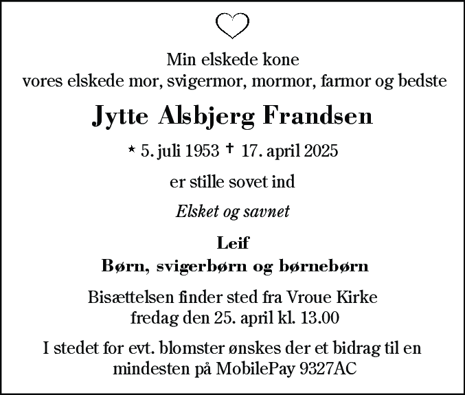Dødsannonce for Jytte Alsbjerg Frandsen
