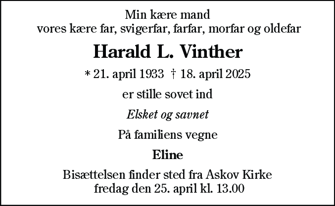 Dødsannonce for Harald Lauritzen Vinther