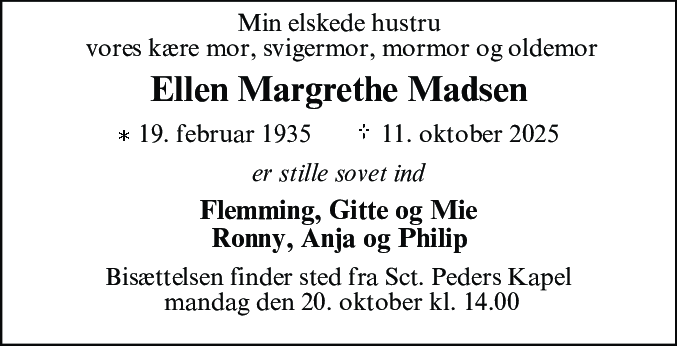 Dødsannonce for Ellen Margrethe Madsen