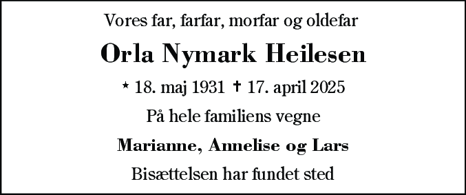 Dødsannonce for Orla Nymark Heilesen