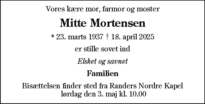Dødsannonce for Mitte Mariane Mortensen