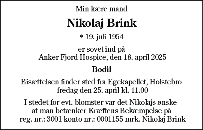 Dødsannonce for Nikolaj Brink
