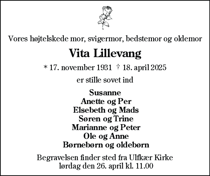 Dødsannonce for Vita Lillevang