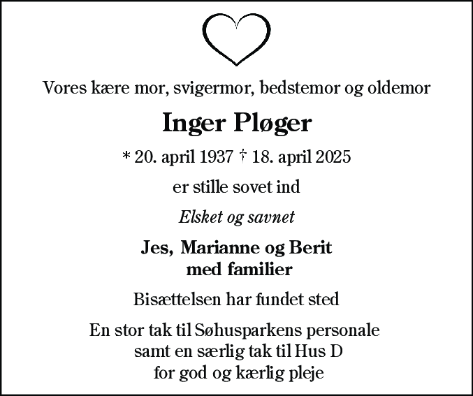 Dødsannonce for Inger Pløger