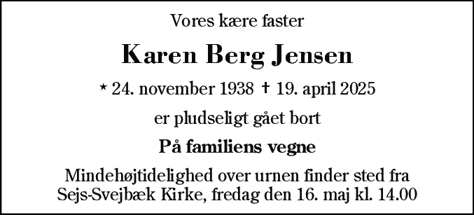 Dødsannonce for Karen Berg Jensen