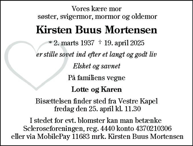 Dødsannonce for Kirsten Buus Mortensen