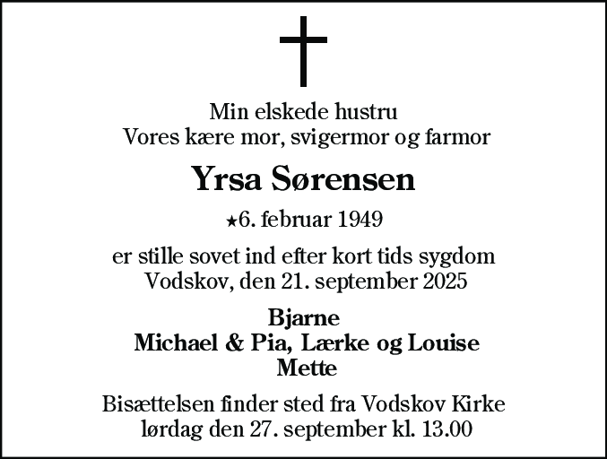 Dødsannonce for Yrsa Sørensen