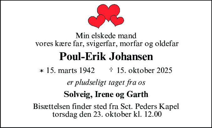 Dødsannonce for Poul-Erik Johansen