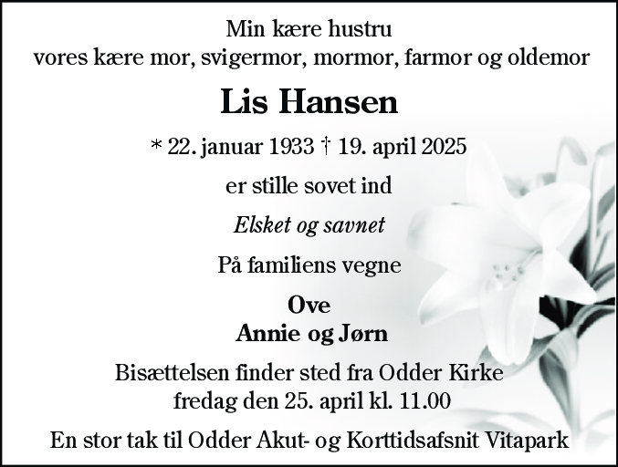 Dødsannonce for Anna Lise Hansen