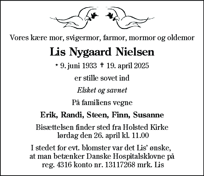 Dødsannonce for Lis Nygaard Nielsen