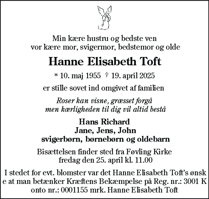 Dødsannonce for Hanne Elisabeth Toft