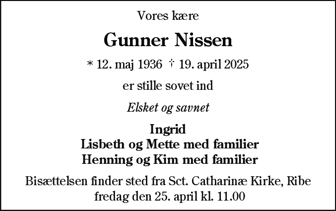 Dødsannonce for Gunner Nissen