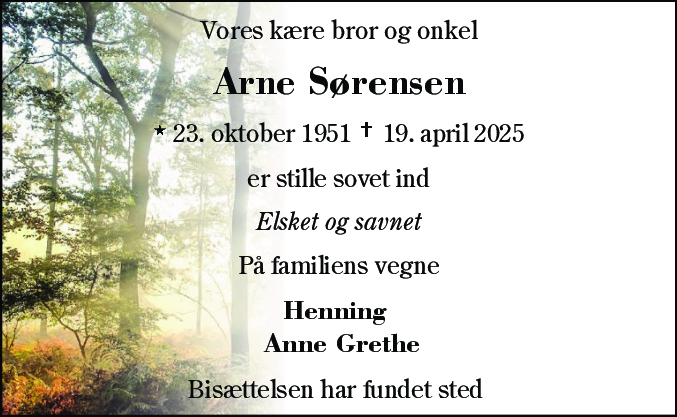 Dødsannonce for Arne Sørensen