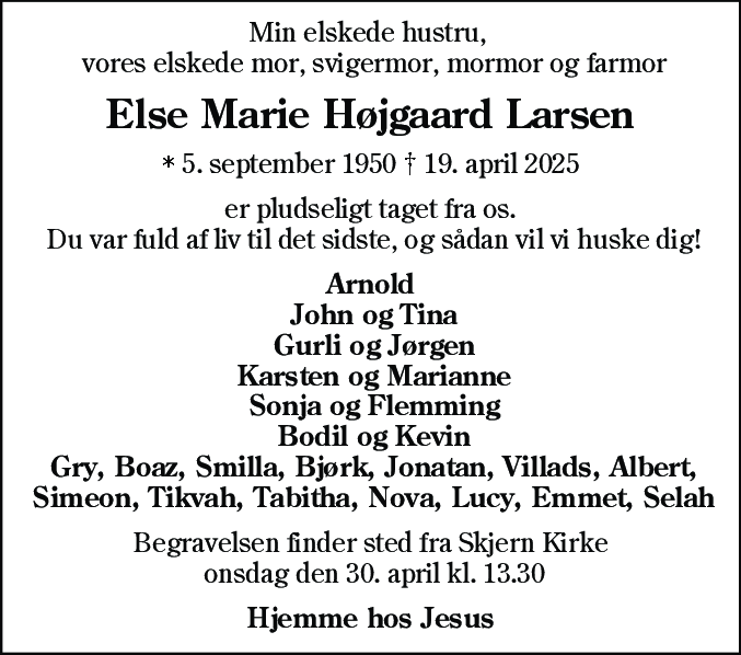 Dødsannonce for Else Marie Højgaard Larsen