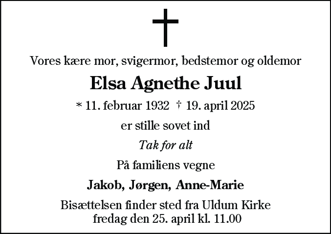 Dødsannonce for Elsa Agnethe Juul