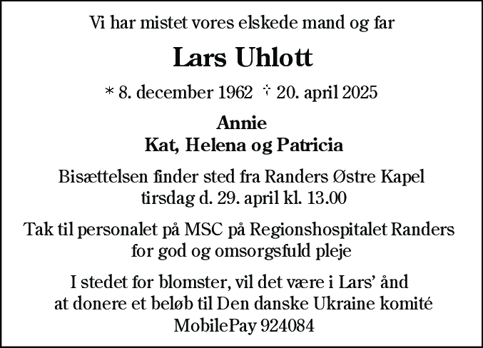 Dødsannonce for Lars Uhlott