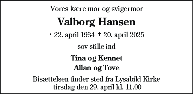 Dødsannonce for Valborg Hansen