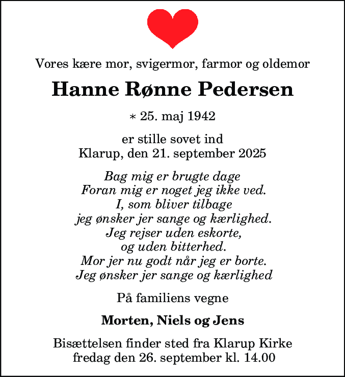 Dødsannonce for Hanne Rønne Pedersen