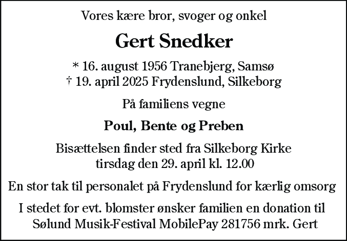 Dødsannonce for Gert Snedker