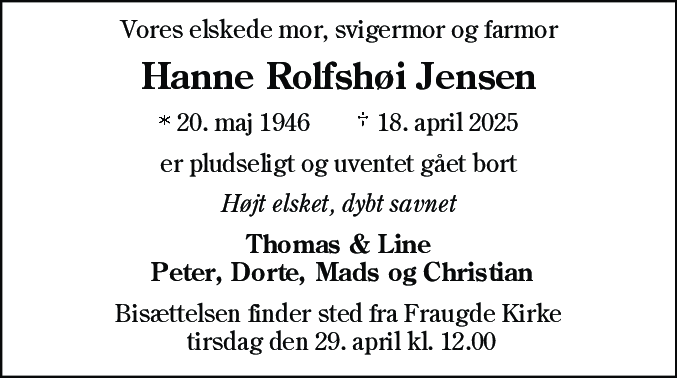 Dødsannonce for Hanne Rolfshøi Jensen