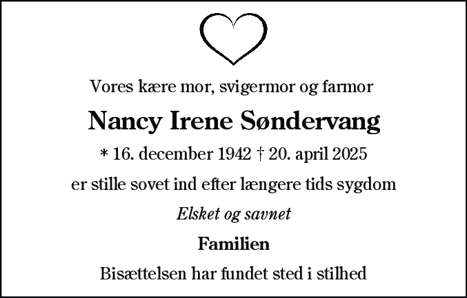 Dødsannonce for Nancy Irene Søndervang