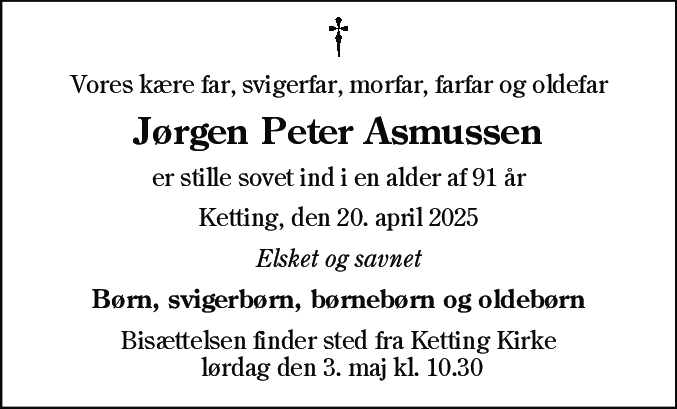 Dødsannonce for Jørgen Peter Asmussen