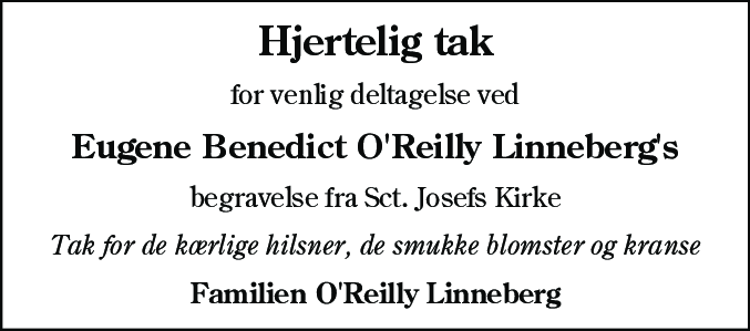 Dødsannonce for Eugene Benedict O'Reilly Linneberg